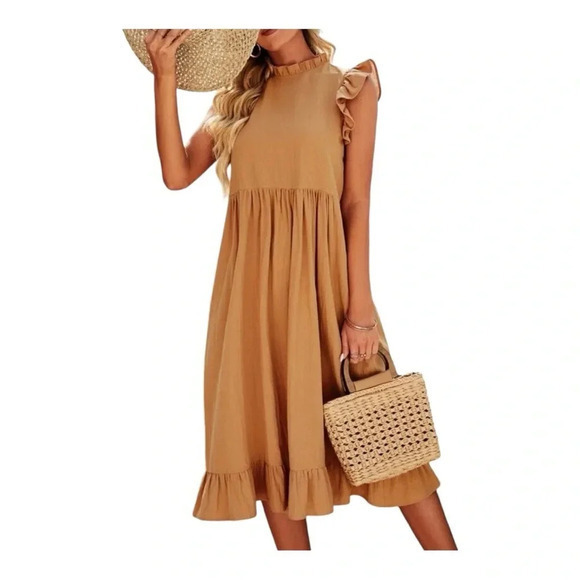 Smock Dress‎ Mock Neck Ruffle Trim Camel Flounce Cap Sleeve Women Size Large - Picture 10 of 10